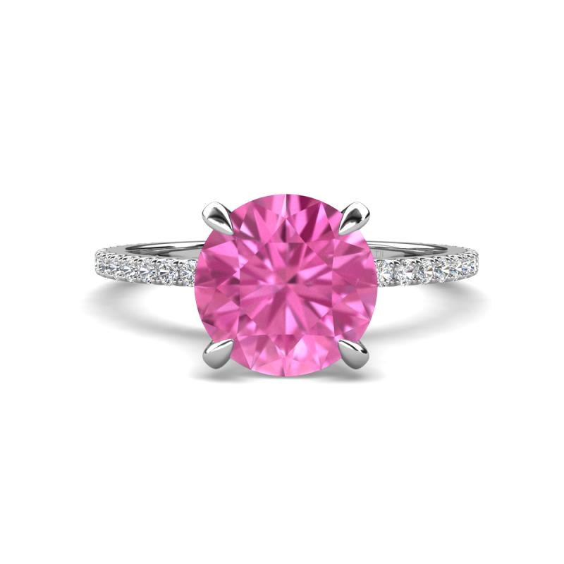 Aisha 3.10 Ctw (8.00 mm) Round Created Pink Sapphire with side Lab Grown Diamond Hidden Halo Engagement ring