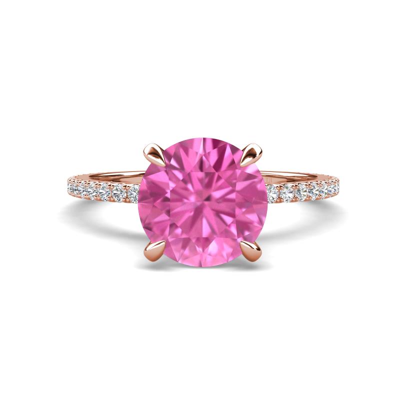 Aisha 3.10 Ctw (8.00 mm) Round Created Pink Sapphire with side Lab Grown Diamond Hidden Halo Engagement ring