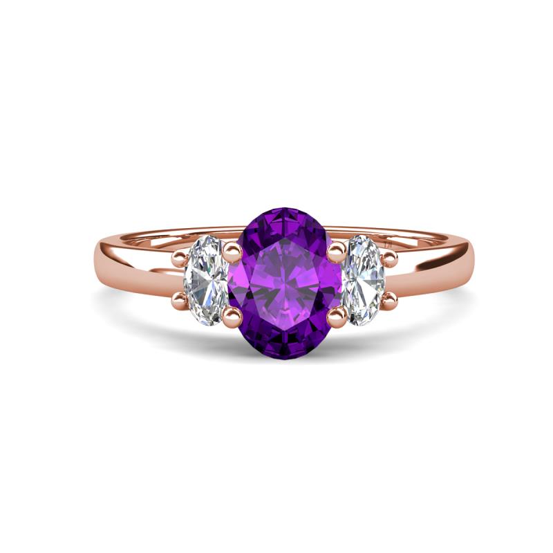 Gemma 8x6 mm Oval Cut Amethyst and Lab Grown Diamond Trellis Three Stone Engagement Ring 