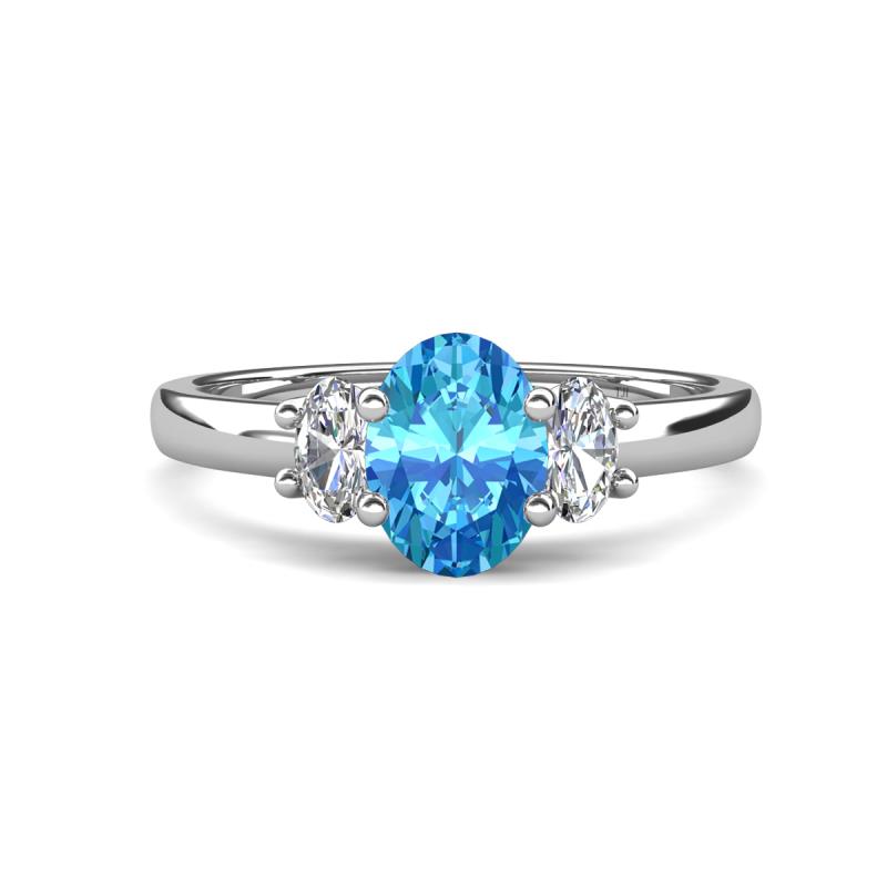 Gemma 8x6 mm Oval Cut Blue Topaz and Lab Grown Diamond Trellis Three Stone Engagement Ring 