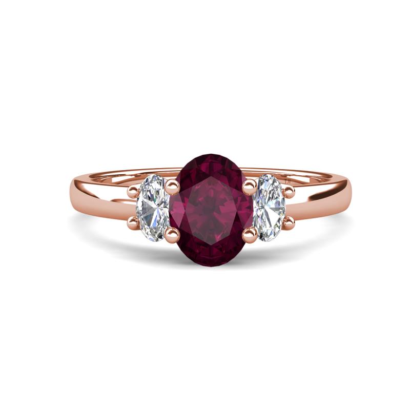 Gemma 8x6 mm Oval Cut Rhodolite Garnet and Lab Grown Diamond Trellis Three Stone Engagement Ring 