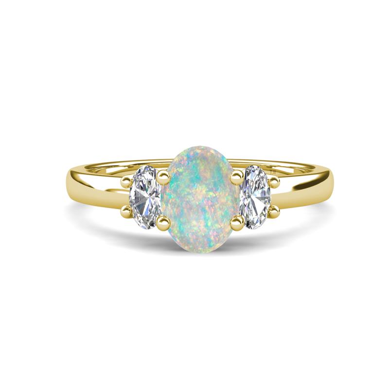 Gemma 8x6 mm Oval Cut Opal and Lab Grown Diamond Trellis Three Stone Engagement Ring 
