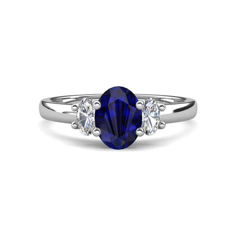 Gemma 8x6 mm Oval Cut Blue Sapphire and Lab Grown Diamond Trellis Three Stone Engagement Ring 