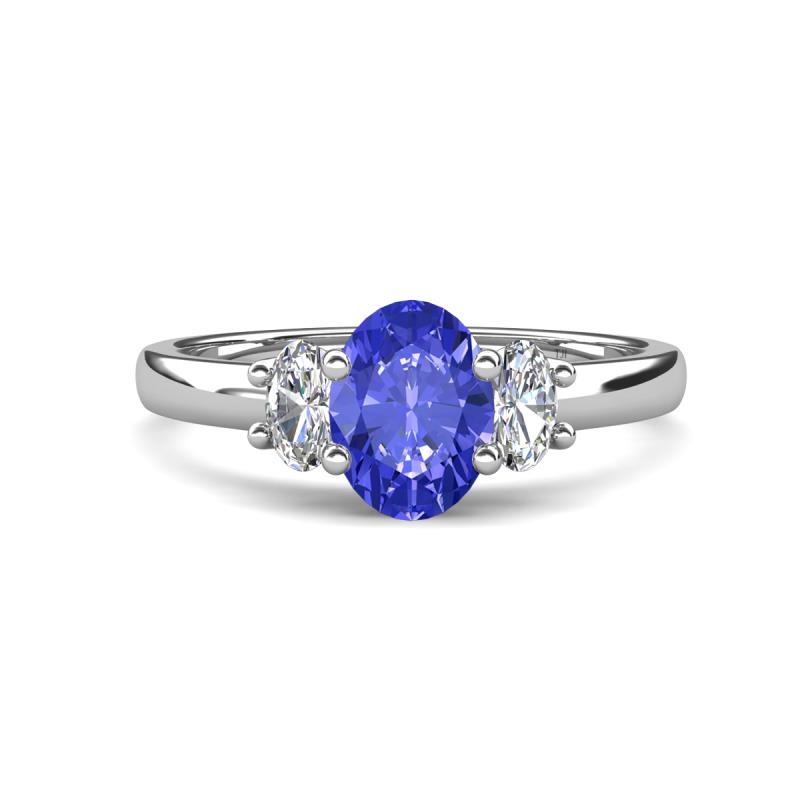 Gemma 8x6 mm Oval Cut Tanzanite and Lab Grown Diamond Trellis Three Stone Engagement Ring 
