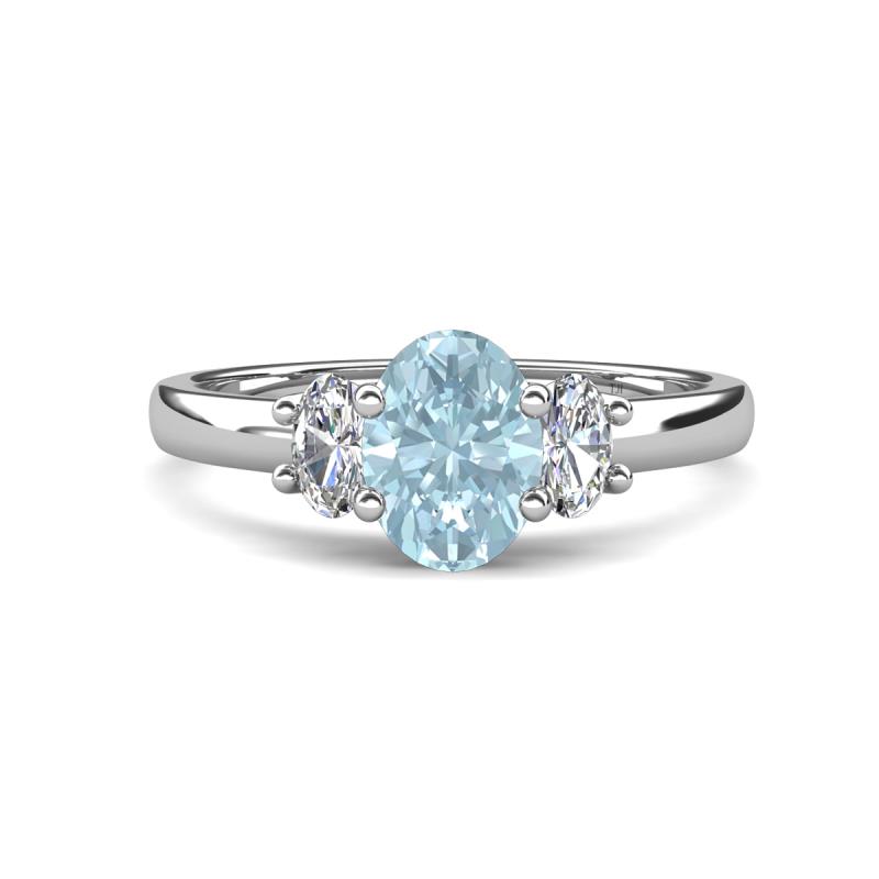 Gemma 8x6 mm Oval Cut Aquamarine and Lab Grown Diamond Trellis Three Stone Engagement Ring 