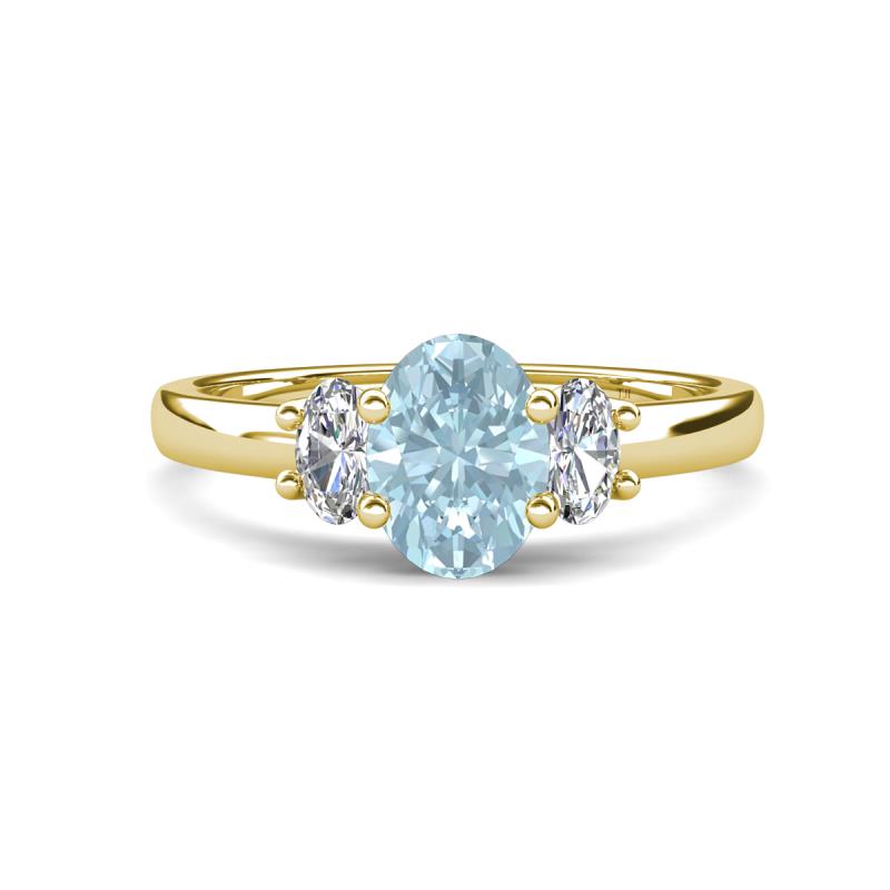 Gemma 8x6 mm Oval Cut Aquamarine and Lab Grown Diamond Trellis Three Stone Engagement Ring 