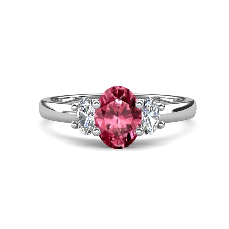Gemma 8x6 mm Oval Cut Pink Tourmaline and Lab Grown Diamond Trellis Three Stone Engagement Ring 