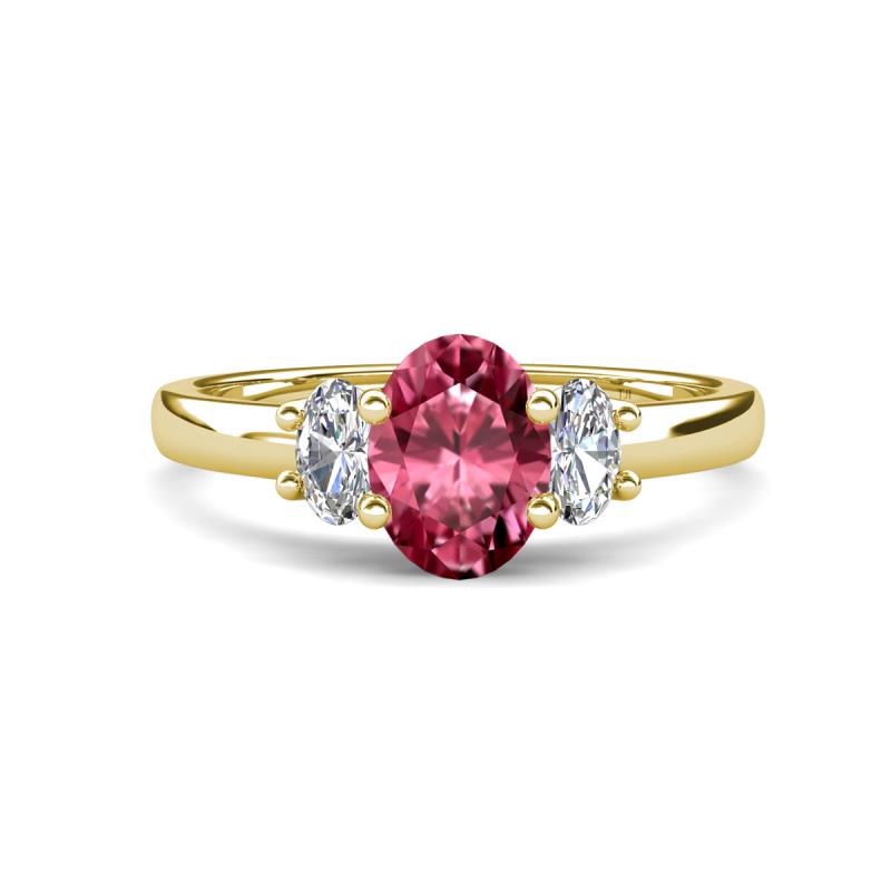 Gemma 8x6 mm Oval Cut Pink Tourmaline and Lab Grown Diamond Trellis Three Stone Engagement Ring 