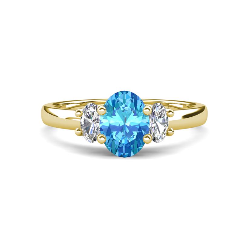 Gemma 8x6 mm Oval Cut Blue Topaz and Lab Grown Diamond Trellis Three Stone Engagement Ring 