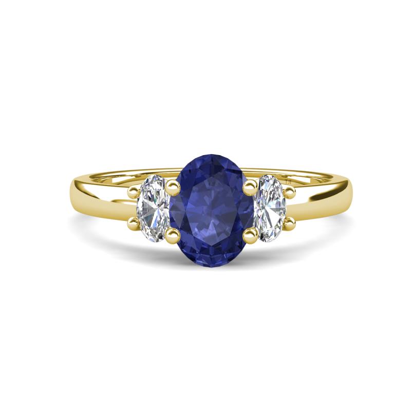 Gemma 8x6 mm Oval Cut Iolite and Lab Grown Diamond Trellis Three Stone Engagement Ring 