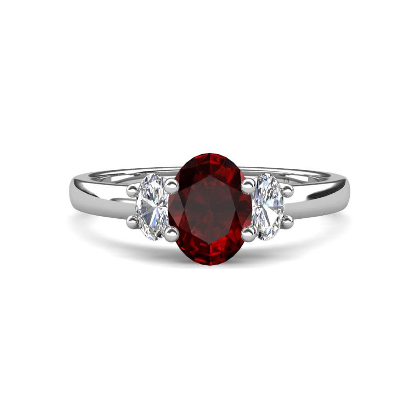 Gemma 8x6 mm Oval Cut Red Garnet and Lab Grown Diamond Trellis Three Stone Engagement Ring 