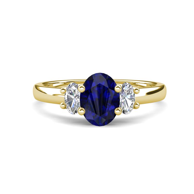 Gemma 8x6 mm Oval Cut Blue Sapphire and Lab Grown Diamond Trellis Three Stone Engagement Ring 