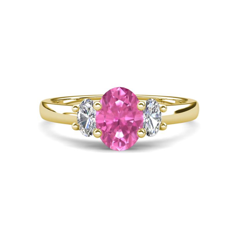 Gemma 8x6 mm Oval Cut Pink Sapphire and Lab Grown Diamond Trellis Three Stone Engagement Ring 