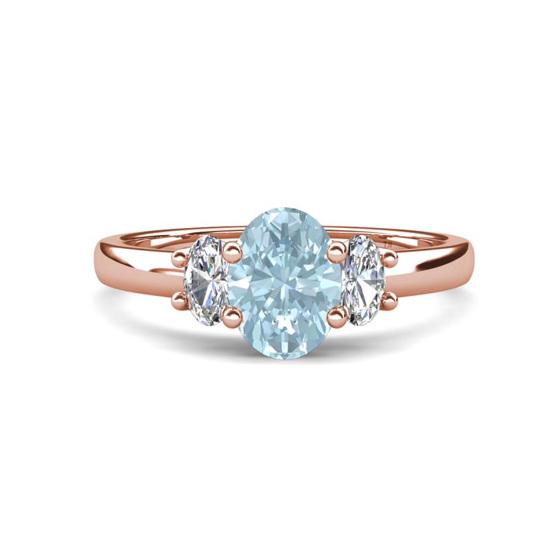 Gemma 8x6 mm Oval Cut Aquamarine and Lab Grown Diamond Trellis Three Stone Engagement Ring 