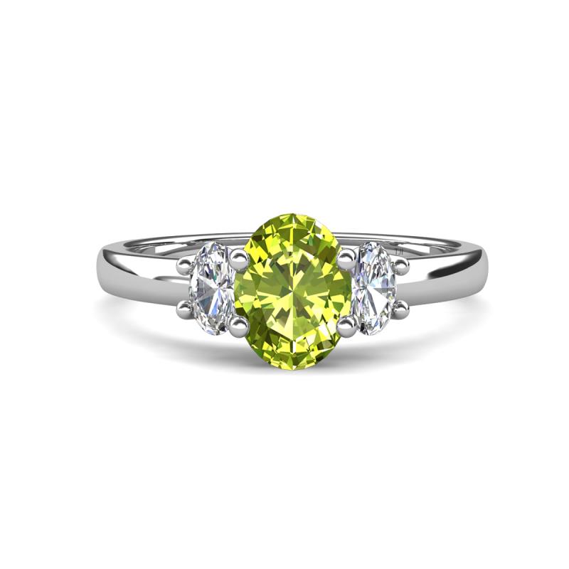 Gemma 8x6 mm Oval Cut Peridot and Lab Grown Diamond Trellis Three Stone Engagement Ring 