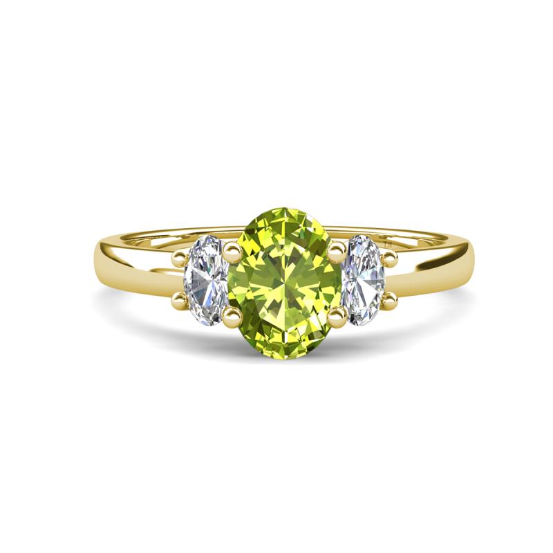 Gemma 8x6 mm Oval Cut Peridot and Lab Grown Diamond Trellis Three Stone Engagement Ring 