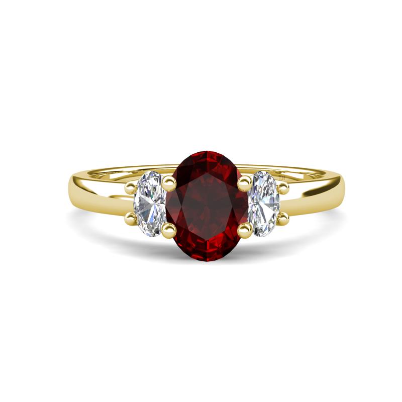 Gemma 8x6 mm Oval Cut Red Garnet and Lab Grown Diamond Trellis Three Stone Engagement Ring 
