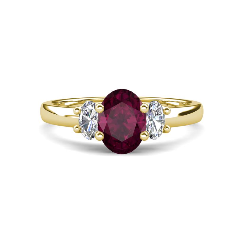 Gemma 8x6 mm Oval Cut Rhodolite Garnet and Lab Grown Diamond Trellis Three Stone Engagement Ring 