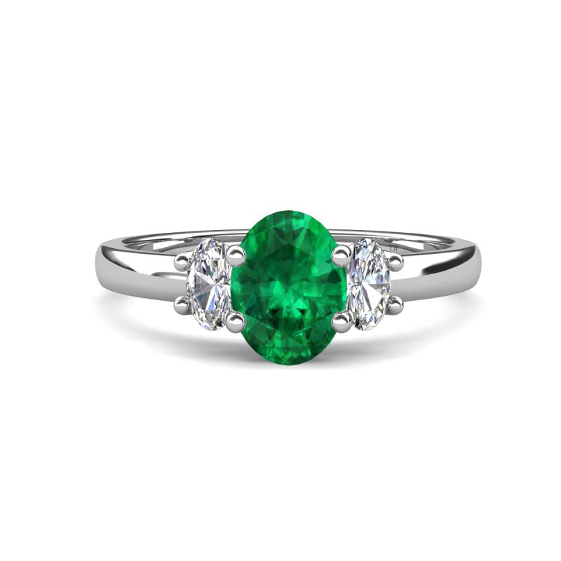 Gemma 8x6 mm Oval Cut Emerald and Lab Grown Diamond Trellis Three Stone Engagement Ring 