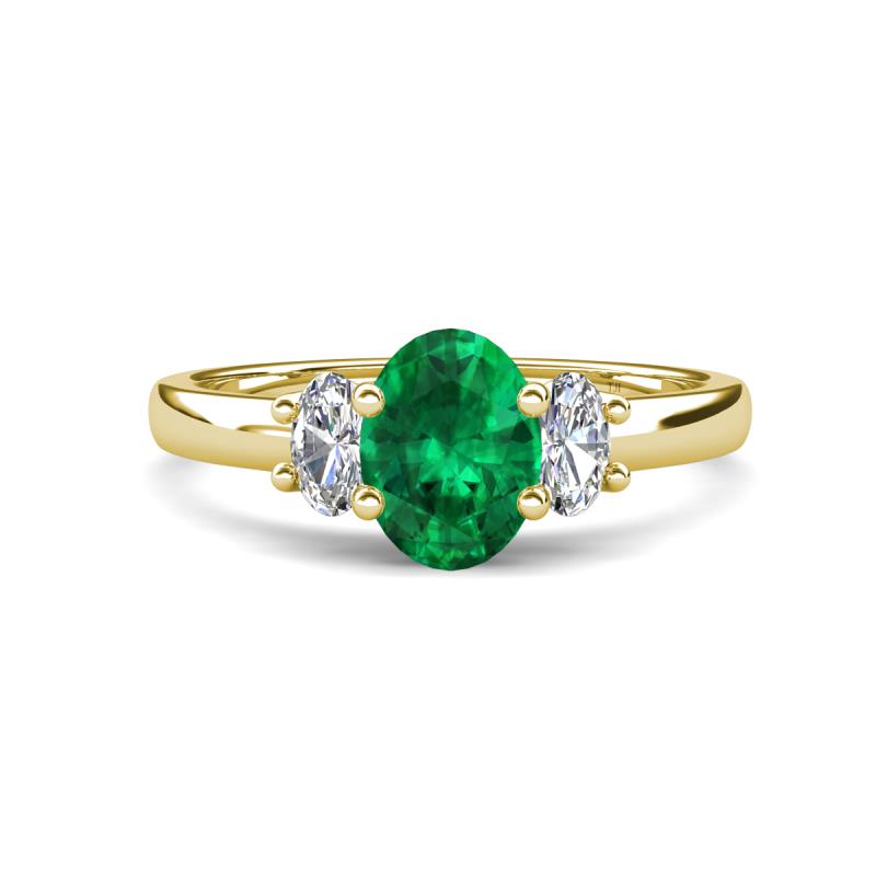 Gemma 8x6 mm Oval Cut Emerald and Lab Grown Diamond Trellis Three Stone Engagement Ring 