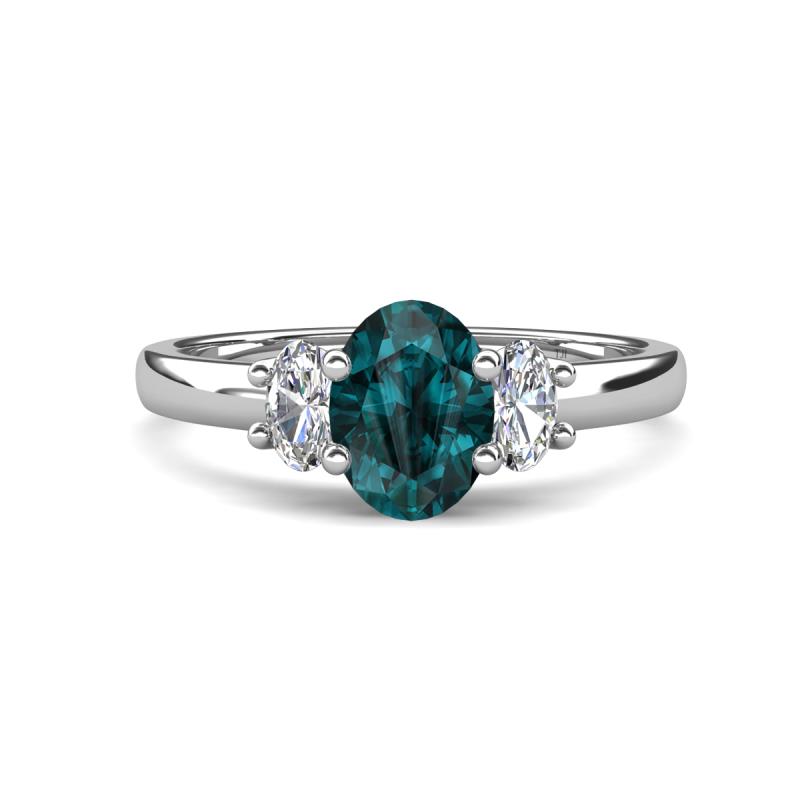 Gemma 8x6 mm Oval Cut London Blue Topaz and Lab Grown Diamond Trellis Three Stone Engagement Ring 