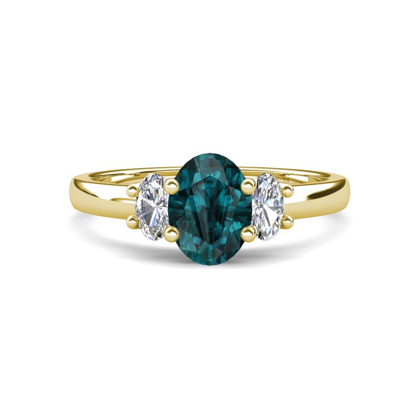Gemma 8x6 mm Oval Cut London Blue Topaz and Lab Grown Diamond Trellis Three Stone Engagement Ring 