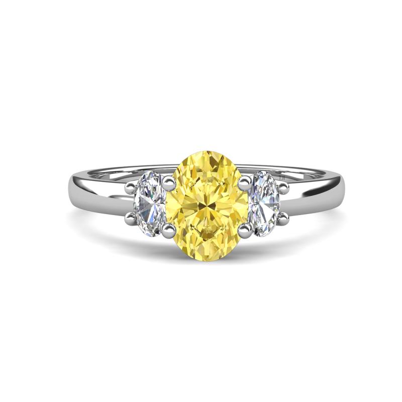 Gemma 8x6 mm Oval Cut Yellow Sapphire and Lab Grown Diamond Trellis Three Stone Engagement Ring 