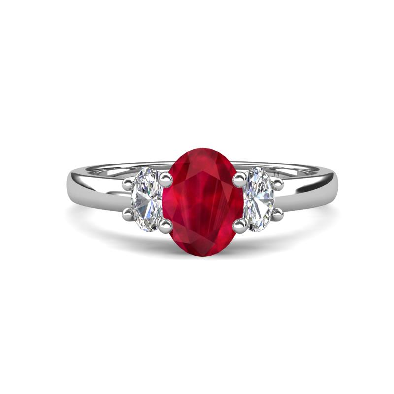 Gemma 8x6 mm Oval Cut Ruby and Lab Grown Diamond Trellis Three Stone Engagement Ring 