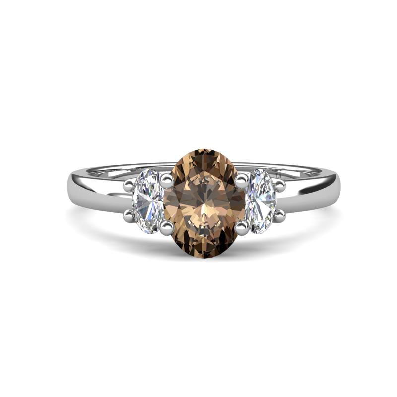Gemma 8x6 mm Oval Cut Smoky Quartz and Lab Grown Diamond Trellis Three Stone Engagement Ring 