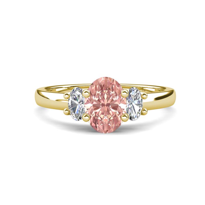 Gemma 8x6 mm Oval Cut Morganite and Lab Grown Diamond Trellis Three Stone Engagement Ring 