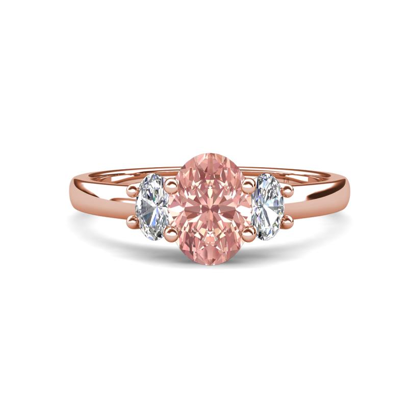 Gemma 8x6 mm Oval Cut Morganite and Lab Grown Diamond Trellis Three Stone Engagement Ring 