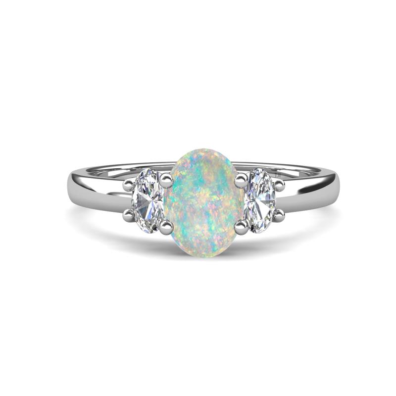 Gemma 8x6 mm Oval Cut Opal and Lab Grown Diamond Trellis Three Stone Engagement Ring 