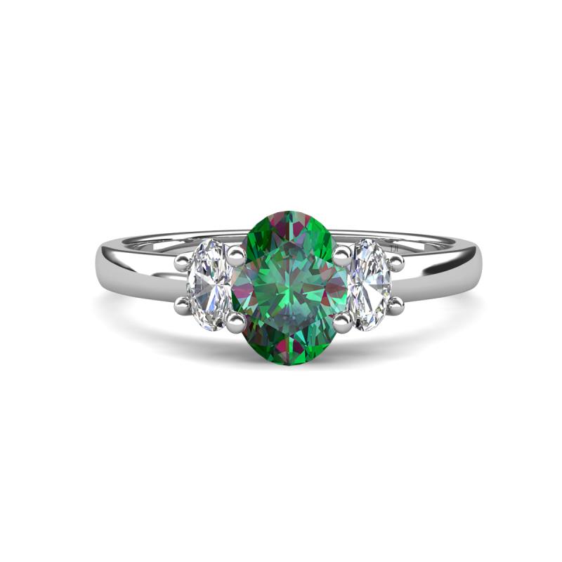 Gemma 8x6 mm Oval Cut Lab Created Alexandrite and Lab Grown Diamond Trellis Three Stone Engagement Ring 