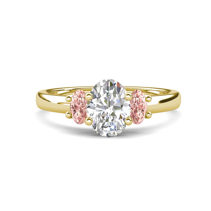 Gemma 1.80 ctw IGI Certified Lab Grown Diamond Oval Cut (8x6 mm) and Morganite Trellis Three Stone Engagement Ring 