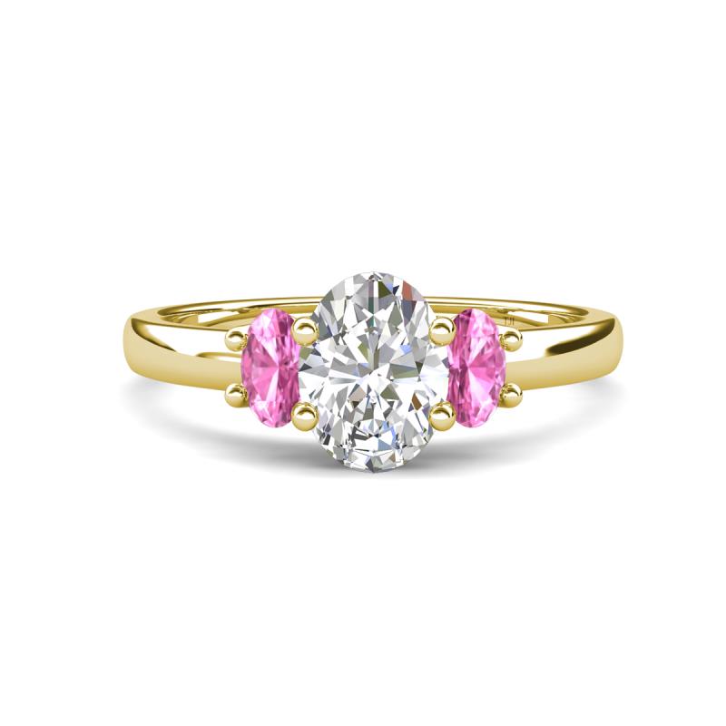 Gemma 1.90 ctw IGI Certified Lab Grown Diamond Oval Cut (8x6 mm) and Pink Sapphire Trellis Three Stone Engagement Ring 