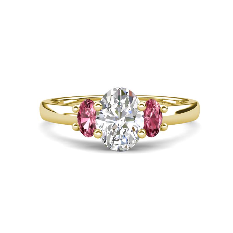 Gemma 1.86 ctw IGI Certified Lab Grown Diamond Oval Cut (8x6 mm) and Pink Tourmaline Trellis Three Stone Engagement Ring 