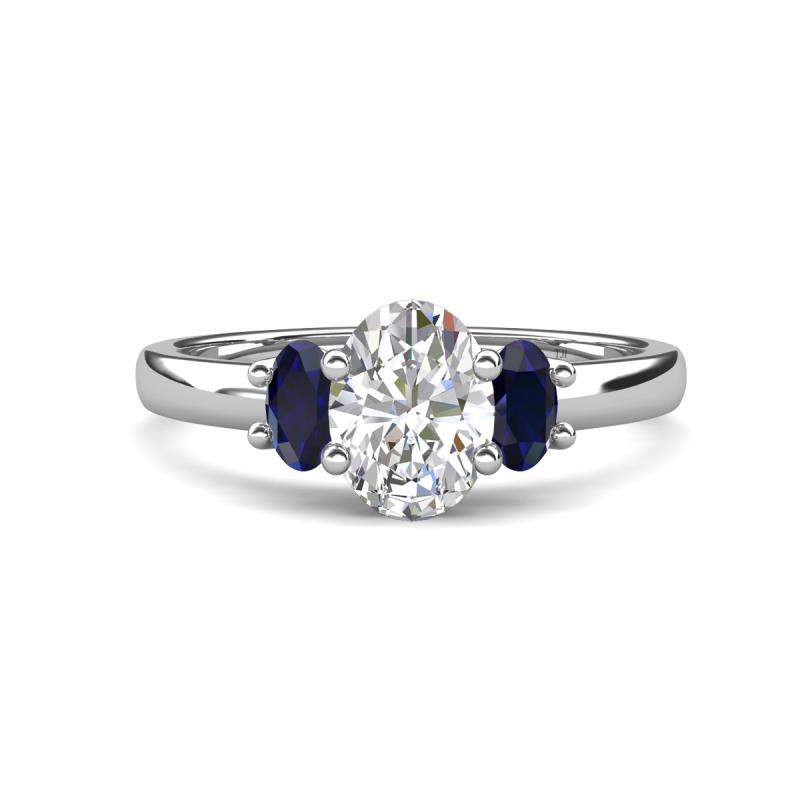 Gemma 1.96 ctw GIA Certified Natural Diamond Oval Cut (8x6 mm) and Side Blue Sapphire Trellis Three Stone Engagement Ring 