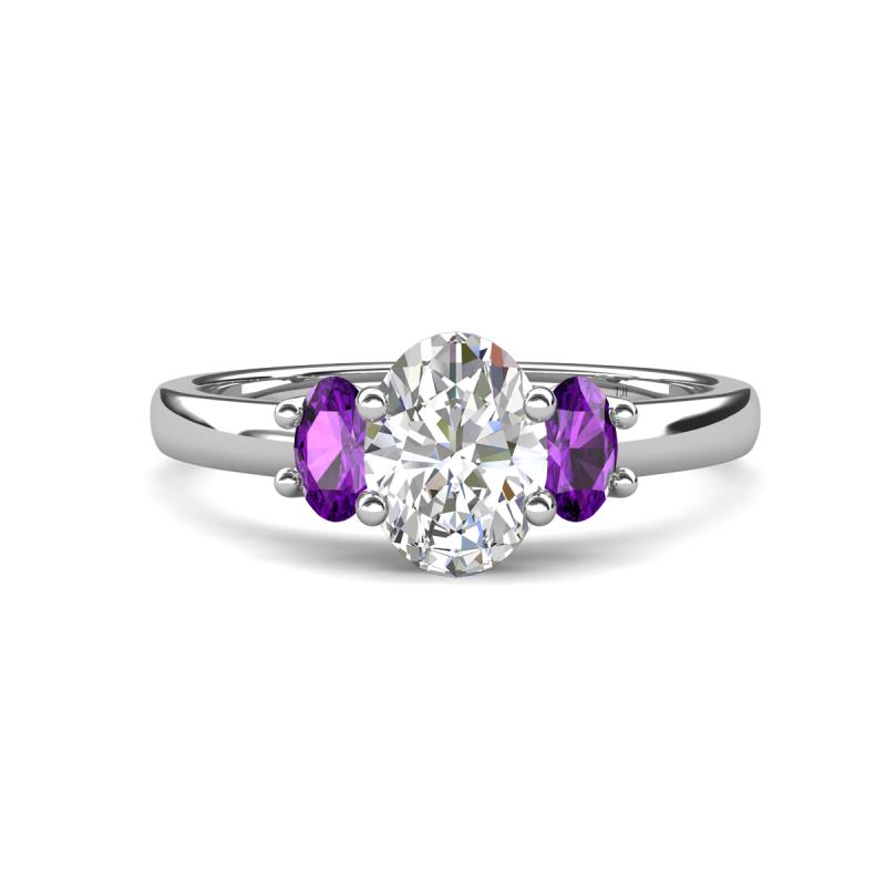 Gemma 1.74 ctw GIA Certified Natural Diamond Oval Cut (8x6 mm) and Side Amethyst Trellis Three Stone Engagement Ring 