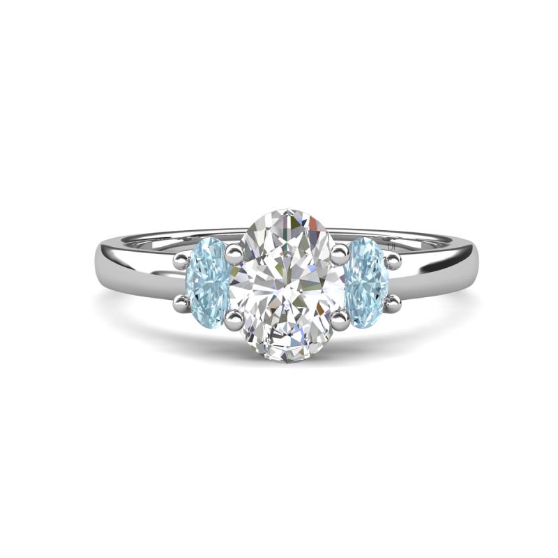 Gemma 1.74 ctw GIA Certified Natural Diamond Oval Cut (8x6 mm) and Side Aquamarine Trellis Three Stone Engagement Ring 
