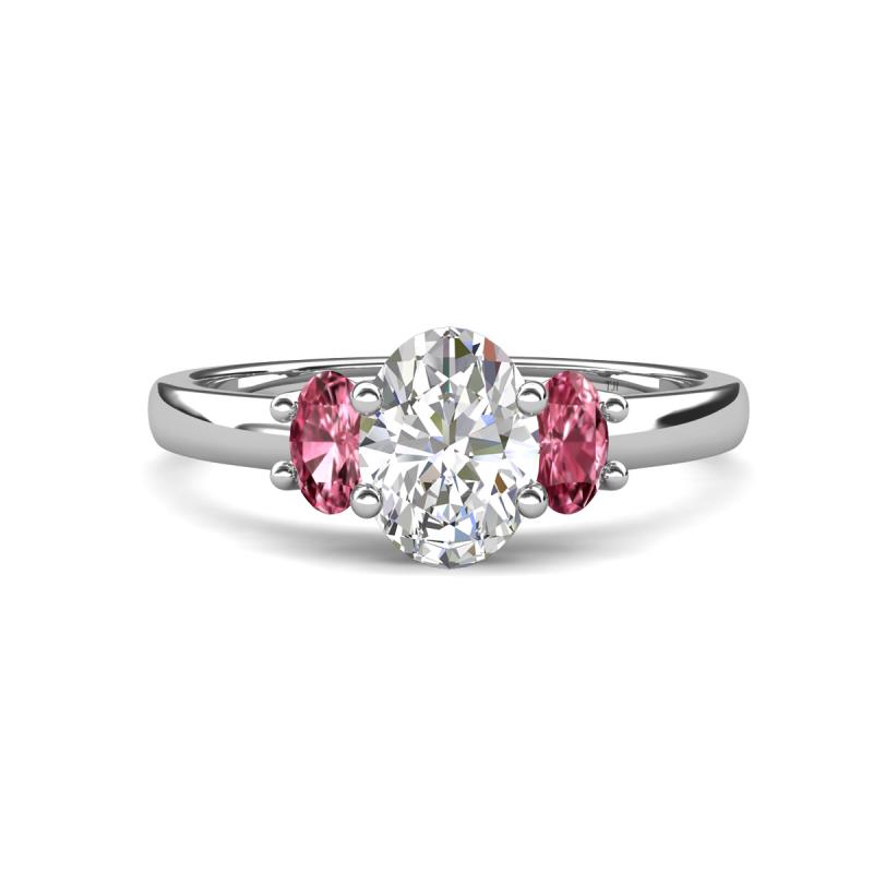 Gemma 1.86 ctw GIA Certified Natural Diamond Oval Cut (8x6 mm) and Side Pink Tourmaline Trellis Three Stone Engagement Ring 