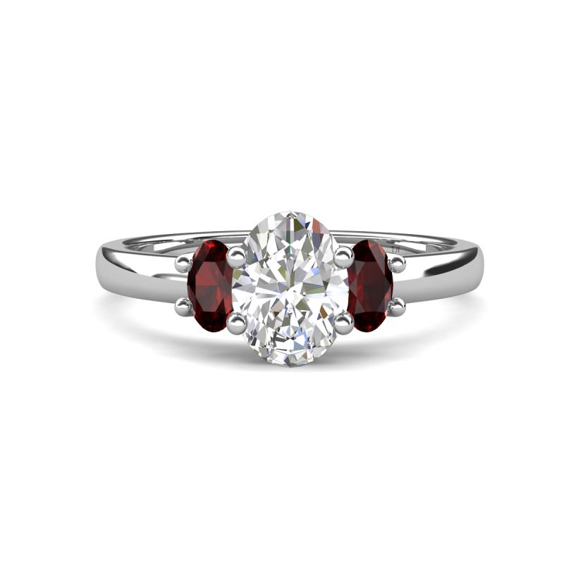 Gemma 1.90 ctw GIA Certified Natural Diamond Oval Cut (8x6 mm) and Side Red Garnet Trellis Three Stone Engagement Ring 
