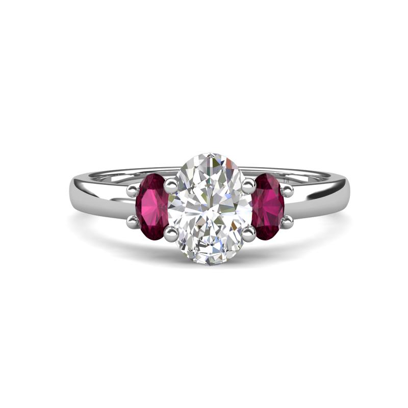 Gemma 1.96 ctw GIA Certified Natural Diamond Oval Cut (8x6 mm) and Side Rhodolite Garnet Trellis Three Stone Engagement Ring 