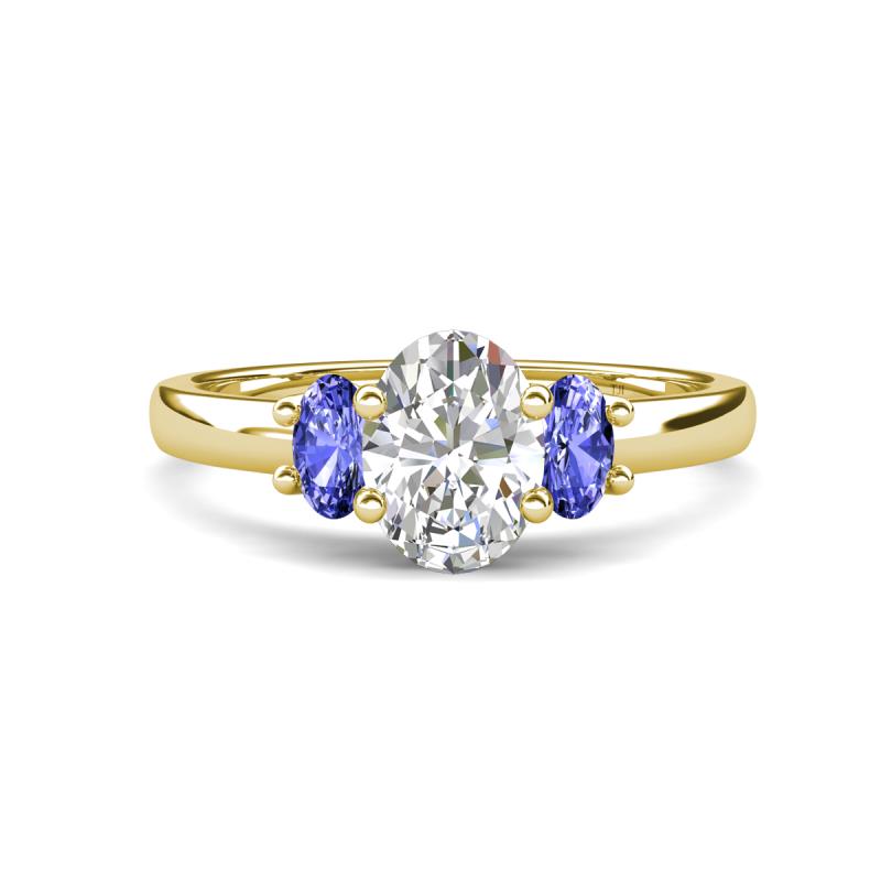 Gemma 1.80 ctw IGI Certified Lab Grown Diamond Oval Cut (8x6 mm) and Tanzanite Trellis Three Stone Engagement Ring 