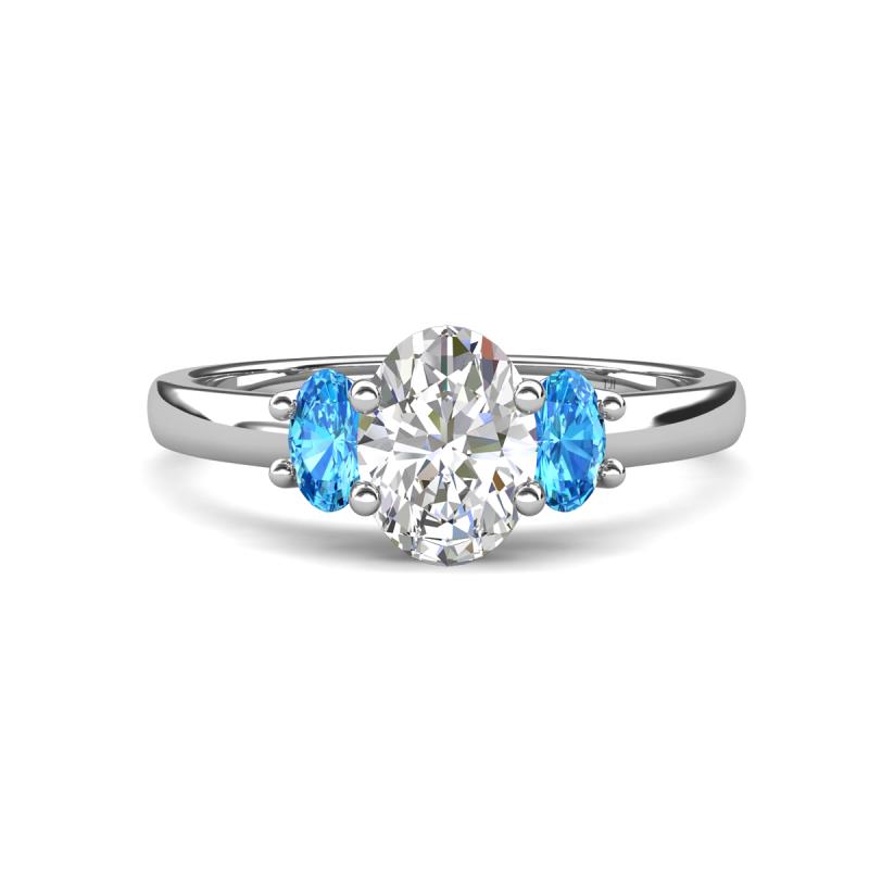 Gemma 1.90 ctw IGI Certified Lab Grown Diamond Oval Cut (8x6 mm) and Blue Topaz Trellis Three Stone Engagement Ring 