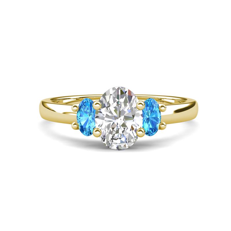 Gemma 1.90 ctw IGI Certified Lab Grown Diamond Oval Cut (8x6 mm) and Blue Topaz Trellis Three Stone Engagement Ring 