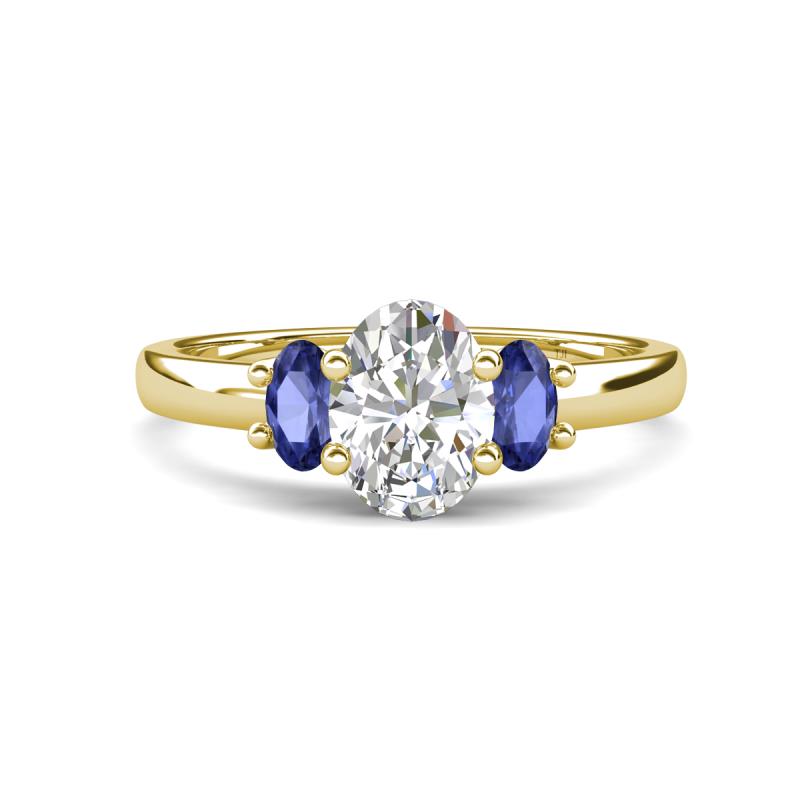 Gemma 1.74 ctw IGI Certified Lab Grown Diamond Oval Cut (8x6 mm) and Iolite Trellis Three Stone Engagement Ring 