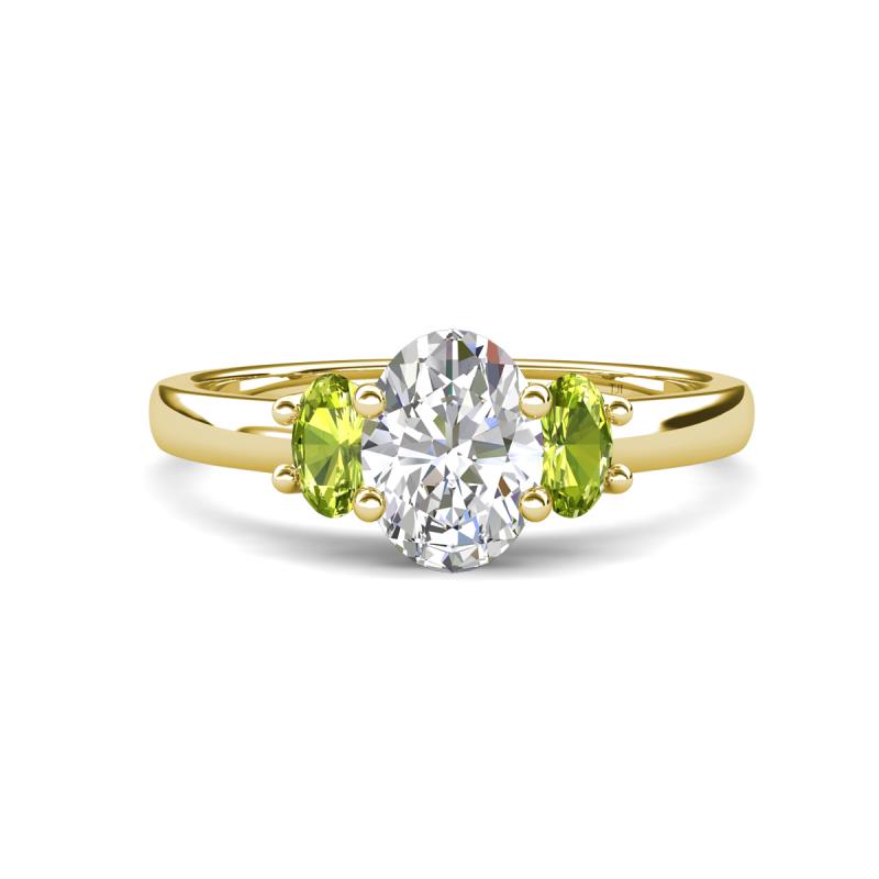 Gemma 1.90 ctw IGI Certified Lab Grown Diamond Oval Cut (8x6 mm) and Peridot Trellis Three Stone Engagement Ring 