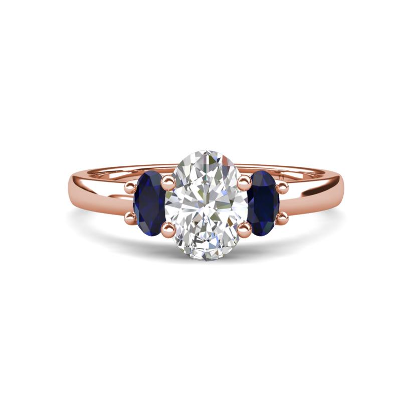 Gemma 1.96 ctw IGI Certified Lab Grown Diamond Oval Cut (8x6 mm) and Blue Sapphire Trellis Three Stone Engagement Ring 