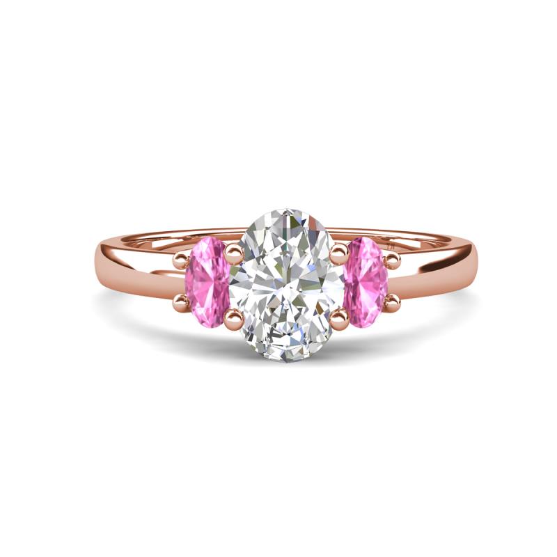 Gemma 1.90 ctw IGI Certified Lab Grown Diamond Oval Cut (8x6 mm) and Pink Sapphire Trellis Three Stone Engagement Ring 