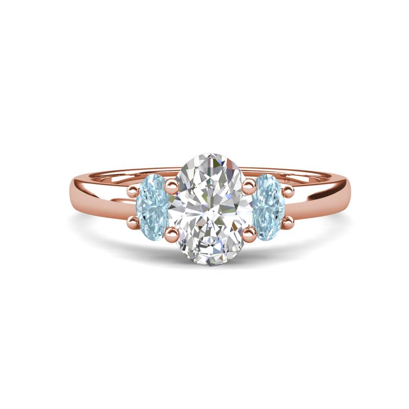 Gemma 1.74 ctw IGI Certified Lab Grown Diamond Oval Cut (8x6 mm) and Aquamarine Trellis Three Stone Engagement Ring 